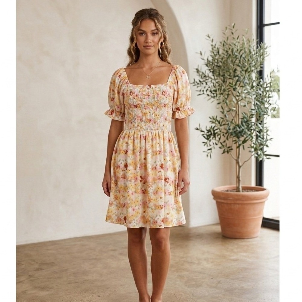 Staccato Y2K Baby Doll Dress Smocked Ruffled Florals Summer Yellow Size S NWT